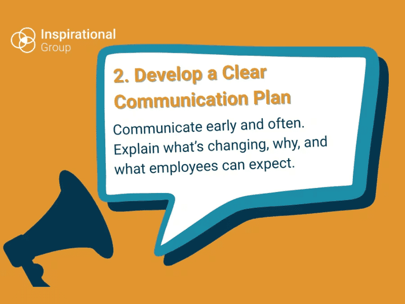 Merger and acquisition 2_ develop a clear communication plan.png – speech bubble and megaphone graphic representing clear and consistent communication during change