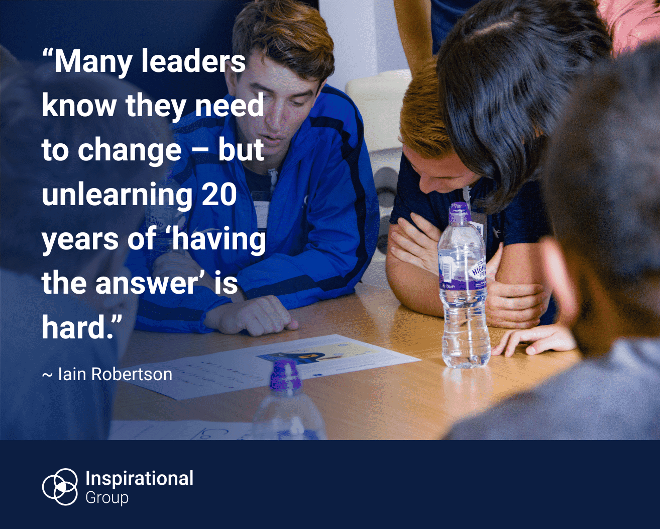 A group of people seated around a table, leaning in to look at a document together. Overlaid text reads: “Many leaders know they need to change – but unlearning 20 years of ‘having the answer’ is hard.” The quote is attributed to Iain Robertson, with Inspirational Group branding at the bottom.