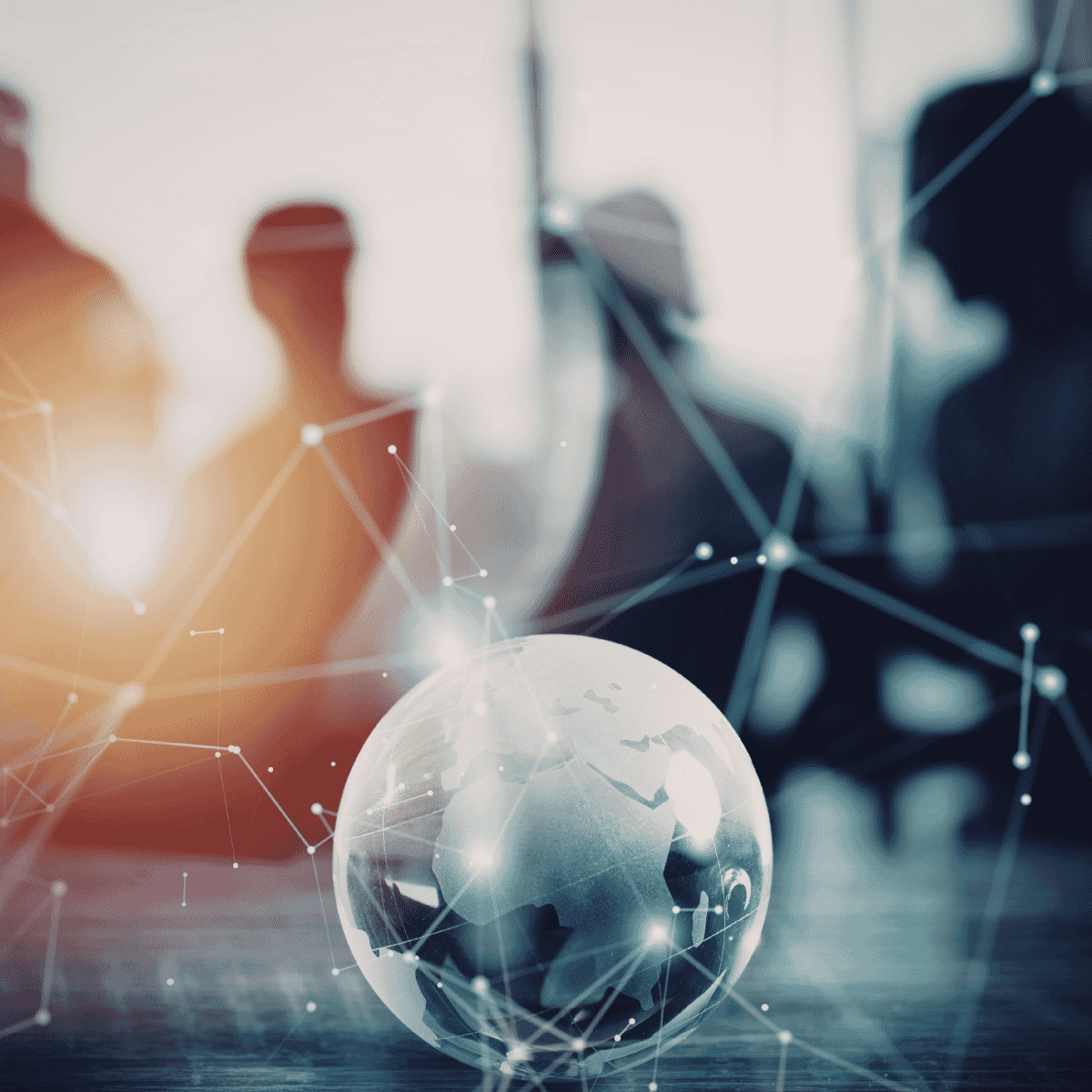 a group of professional interconnected by dots from around the globe