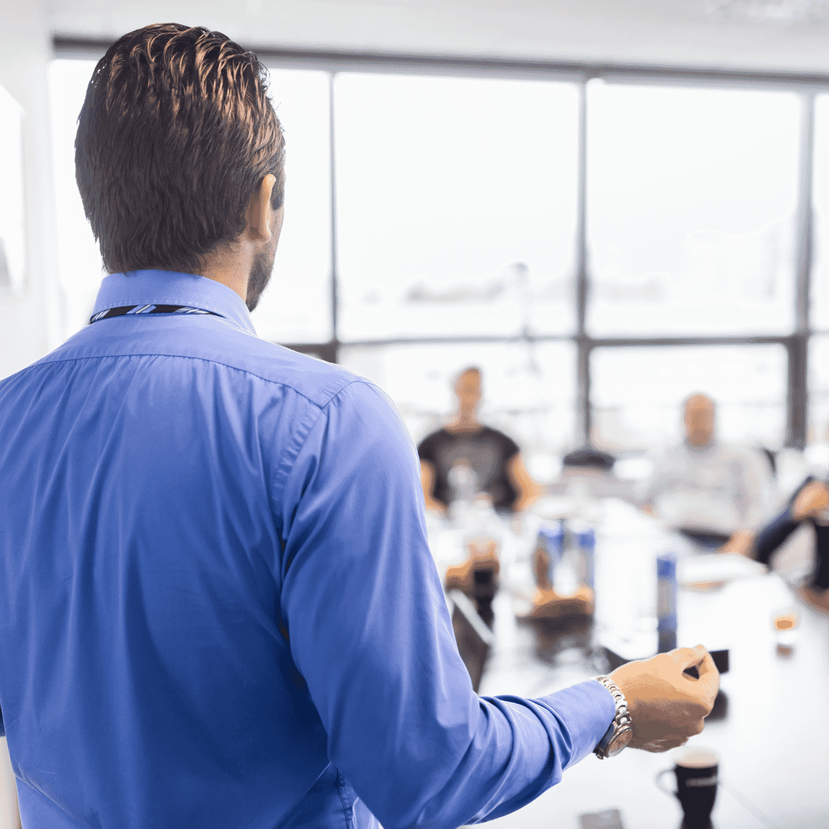 Leader presenting to senior colleagues seated around a boardroom table, viewed from behind his shoulder